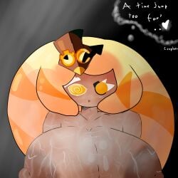 1girl 1girls artist_signature big_breasts cookie cookie_run cookie_run_kingdom coopher hat hyper_breasts musk orange_eyes orange_hair solo sweaty thinking timekeeper_cookie yellow_hair