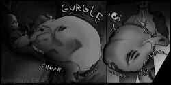 2:1 absurd_res after_vore ambiguous_gender ambiguous_prey belly big_belly black_eyes blue_pupils bodily_fluids body_outline burn_scar cannibalism claws comic digestion digestion_noises digestion_sequence duo dying_light fatal fatal_vore finger_claws furryfuzz grey_body hi_res holding_belly humanoid monochrome monster nude oral_vore pit_(furryfuzz) poking pupils reclining ribs rumbling_stomach scar skull_and_crossbones skull_symbol soft_vore spikes spikes_(anatomy) split_jaw squeezing struggling struggling_prey tongue tongue_out touching_belly undead unwilling_prey volatile_(dying_light) vore willing_pred wounded zombie