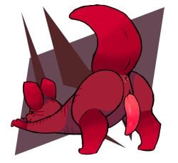 anus butt cat_stretch coppermonoxide fan_character genitals looking_at_viewer male markings penis pink_penis presenting presenting_hindquarters rain_world red_body red_eyes simple_background slugcat smug solo videocult