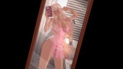 1boy 1girls 3d apron big_ass big_breasts blonde_hair dark-skinned_female gojou_wakana gustavo40 kitagawa_marin koikatsu male_in_background mirror_selfie naked_apron naked_male peace_sign phone selfie smile sono_bisque_doll_wa_koi_wo_suru tagme tanlines tanned_female