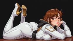 1girls ai_generated ai_hands android arched_back ass ass_crack ass_lift ass_up black_background black_hood breast_press breasts brown_eyes brown_hair comfyui curvy curvy_body curvy_female curvy_figure enzio_bodoni evie_(stellar_blade) eyelashes eyeshadow feet_up form_fitting freckles freckles_on_face from_side gold_heels hair_between_eyes half-closed_eyes hand_on_own_cheek head_rest high_heeled_bodysuit high_heels hood hood_down impossible_bodysuit impossible_clothes impossible_fit laying_down laying_on_stomach light-skinned_female light_skin light_smile lips looking_at_viewer lying lying_on_stomach medium_breasts parted_bangs pink_lips plugsuit raised_ass raised_eyebrows reflective_floor seductive_eyes seductive_look self_upload short_hair simple_background skin_tight solo stellar_blade stellar_blade:_blood_rain swept_bangs the_pose thighs tomboy white_plugsuit