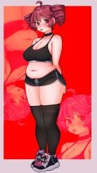 1girls 2d 2d_(artwork) ahoge armpit_crease arms_behind_back artist_name ass ass_visible_from_the_front belly big_ass big_breasts big_thighs blush blushing blushing_female breasts choker chubby chubby_female cleavage clothed clothed_female clothing curvaceous curvy curvy_female curvy_figure dolphin_shorts embarrassed embarrassed_expression embarrassed_female exposed_belly fat fat_female female female_only fully_clothed gym_shorts huge_thighs kasane_teto kneehigh_socks kneehighs large_ass large_breasts large_thighs love_handles minishorts navel plump plump_breasts red_background red_eyes red_hair sfw shiny_skin short_shorts shorts simple_background skindentation sneakers socks solo solo_female sports_bra sportswear thick_thighs thighhighs thighs tongue tongue_out twin_drills utau voluptuous voluptuous_female wide_hips yawuarts