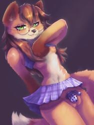 3:4 anthro areola balls blep bottomwear breasts brown_background brown_hair canid canine chastity_cage chastity_device clothed clothing clothing_pull digital_drawing_(artwork) digital_media_(artwork) dipstick_tail eyewear flashing flashing_breasts fox fur genitals glasses green_eyes gynomorph hair hi_res humanoid_hands intersex lizzyrascal long_hair looking_at_viewer mammal markings metal_chastity_cage navel nipples no_underwear orange_body orange_fur pattern_bottomwear pattern_clothing pattern_skirt peavyfox pink_areola pink_nipples pink_tongue plaid plaid_bottomwear plaid_clothing plaid_skirt purple_bottomwear purple_clothing purple_skirt raised_top red_fox round_glasses shirt simple_background skirt small_breasts solo standing tail tail_markings tan_body tan_fur tank_top tongue tongue_out topwear true_fox undressing unsupported_chastity_cage wearing_chastity_cage wearing_chastity_device wearing_glasses white_body white_fur white_tail_tip