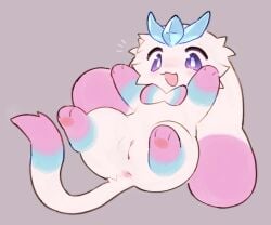 2026 6:5 anus big_ears blue_body blue_fur blush bow_tie clitoral_hood digital_drawing_(artwork) digital_media_(artwork) female female_feral feral flat_colors floppy_ears forehead_gem fur gem genitals grey_background hi_res innie_vulva kit_(artist) looking_at_viewer lop_ears mammal multicolored_body multicolored_fur open_mouth paws pink_body pink_fur purple_eyes quadruped simple_background solo three-quarter_view toony unknown_species vulva white_body white_fur