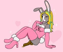 anthro armwear blonde_hair blue_hair breasts butt chloe_(snickle) clothing cotton_tail elbow_gloves feces feces_on_ground feces_pile female female_pooping footwear fur gloves grey_body grey_fur gynomorph_(lore) hair handwear heart_symbol high_heels lagomorph legwear leporid lipstick long_ears long_hair looking_at_viewer makeup mammal medium_breasts one_eye_closed open_mouth open_smile pink_armwear pink_background pink_bow pink_clothing pink_elbow_gloves pink_footwear pink_gloves pink_handwear pink_high_heels pink_legwear pink_lipstick pink_thigh_highs pink_topwear pooping rabbit scatplay shoes simple_background sitting sitting_on_ground smile snickle solo sparkles tail thigh_highs topwear white_body white_fur wink winking_at_viewer