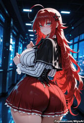 1girl ahoge ai_assisted ai_generated ass bangs blue_eyes blush breasts covered_nipples curvaceous curvy curvy_female curvy_figure eyebrows_visible_through_hair female hair_ornament high_school_dxd indoors large_breasts long_hair long_sleeves looking_at_viewer looking_back miyuai pleated_skirt red_hair rias_gremory skirt smile solo thick thick_ass thick_butt thick_hips thick_legs thick_thighs thighs voluptuous voluptuous_female wide_hips wide_thighs