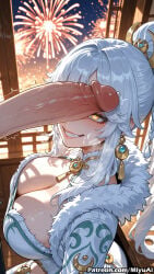 1boy 1girl ai_assisted ai_generated blue_hair blush breasts cleavage cum curvaceous curvy curvy_female curvy_figure eyebrows_visible_through_hair female fireworks fur_collar fur_trim genshin_impact grin hair_ornament hetero huge_penis large_breasts long_hair miyuai penis smile solo_focus stray_pubic_hair symbol-shaped_pupils thick thick_ass thick_butt thick_hips thick_legs thick_thighs uncensored veins veiny_penis voluptuous voluptuous_female wide_hips wide_thighs yellow_eyes zibai_(genshin_impact)