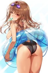 1girls ass ass_focus black_swimsuit brown_hair butt butt_focus goddess_of_victory:_nikke long_hair looking_back_at_viewer michairu pool_toy popsicle popsicle_in_mouth rapi_(nikke) red_eyes solo sunglasses_on_head swim_ring swimsuit