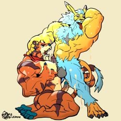 armpit_fetish armpit_lick armpit_play bandai_namco barazoku blue_pawpads bodily_fluids cum cum_on_face digimon digimon_(species) digimon_oc entwined_tails felid frosted_flakes genital_fluids kellogg's kerchief leomon licking lion male mammal mascot muscular oral orange_body pantherine pawpads pecjob pecs rickleone sex stripes tail tail_coil tiger tongue tony_the_tiger