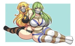 2girls arms_behind_back back_to_back big_breasts blonde_hair bondage cleavage gag green_hair jam-orbital marisa_kirisame rope rope_bondage sanae_kochiya tape tape_gag