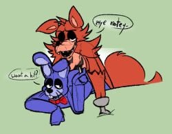 ambiguous_penetration animatronic anthro blue_body blue_fur bonnie_(fnaf) bonnie_(frickbear's) bow_tie canid canine countershade_face countershade_torso countershading duo english_text five_nights_at_freddy's fox foxy_(fnaf) foxy_(frickbear's) from_behind_position fur half-closed_eyes hook joint lagomorph leporid machine male male/male mammal narrowed_eyes penetration rabbit rear_admiral_position red_body red_fur robot scottgames sex text volpek6 whiskers