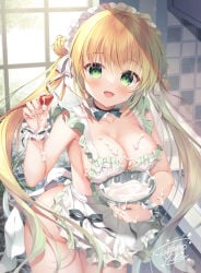 1girl apron areola_slip blonde_hair blush bow breasts collar cream cream_on_body food fruit green_bow green_eyes holding holding_food indoors large_breasts long_hair looking_at_viewer maid_headdress naked_apron no_bra no_panties open_mouth original smile solo strawberry suggestive_fluid takano_yuki twintails wrist_cuffs
