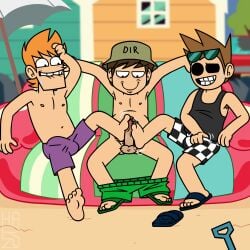 bathing_suit beach beach_background beach_umbrella black_eyes brown_hair clothing edd_(eddsworld) eddsworld flip_flops footjob footjob_with_one_foot gay harzu matt_(eddsworld) orange_hair penis precum sweat sweatdrop tom_(eddsworld)