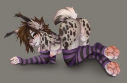 absurd_res all_fours anthro anus armwear big_butt big_feet breasts brown_hair butt cheek_tuft chest_tuft chesta clothing collar ear_tuft facial_tuft feet felid feline female fingerless_gloves fur genitals gloves grey_background hair handwear hanging_breasts hi_res innie_vulva legwear looking_at_viewer lynx mammal markings medium_breasts mostly_nude multicolored_body nipples pattern_armwear pattern_clothing pattern_legwear pawpads pink_nipples pink_pawpads short_hair short_tail side_view simple_background smile solo spots spotted_body spotted_fur striped_armwear striped_clothing striped_legwear stripes tail tan_body thigh_highs toeless_legwear tuft two_tone_body vulva whiskers yellow_eyes zaire_(nightdancer)