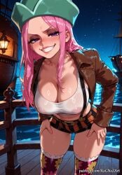 1girl 2026 ai_generated anime blush boobs breasts cleavage covered_nipples crop_top crossover eye_contact female female_focus flushed grin hands_on_hips hat highres huge_breasts jacket jewelry_bonney large_breasts leaning_forward long_hair looking_at_viewer midriff navel night nsfw one_piece open_clothes open_jacket outdoors patreon patreon_username pink_hair purple_eyes rognezart see-through short_shorts shorts sky smile smiling solo suspenders sweat sweaty thighhighs very_long_hair wet white_tank_top