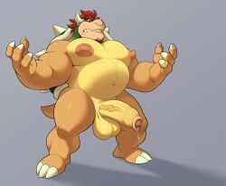 2022 analon_(artist) anthro balls belly big_balls big_belly big_muscles big_nipples big_penis bodily_fluids bowser claws clenched_teeth eyebrows foreskin genital_fluids genitals grey_background hair hi_res horn huge_balls huge_cock humanoid_genitalia humanoid_penis koopa male male_only mario_(series) muscular muscular_anthro muscular_male navel nintendo nipples non-mammal_balls non-mammal_nipples nude pecs penis precum scalie shadow shell simple_background solo spiked_shell spikes spikes_(anatomy) standing teeth thick_penis thick_thighs toomanyboners vein video_games