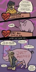 1:2 absurd_res anthro anthro_on_feral balls bestiality blush braxton_(coffee) clothed clothing coffee_(artist) coffeebynight comic dialogue digit_ring domestic_pig embarrassed english_text eyewear facial_piercing fat_boy_(coffee) feral freckles front_view game_show game_show_contestant genitals glasses hare hat headgear headwear hi_res hoodie jewelry lagomorph leporid male male/male mammal nose_piercing penis piercing profanity questionable_consent rabbit ring scared_eyes side_view size_difference sound_effects speech_bubble spiral_penis suid suine suit sus_(pig) talking_to_viewer text topwear wedding wedding_ring