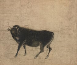 13th_century 2_horns absurd_res ancient_art backsack balls black_body black_fur bovid bovine cattle cloven_hooves facial_piercing feral fur genitals hi_res hooves horn looking_back male male_feral mammal monochrome nose_piercing nose_ring painting_(artwork) piercing quadruped ring_piercing side_view simple_background solo standing tail tail_tuft traditional_media_(artwork) traditional_painting_(artwork) tuft unguligrade unknown_artist
