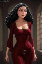 1girl ai_generated black_hair blurry breasts cleavage collarbone covered_navel curly_hair disney dress hi_res high_quality high_resolution indoors lips long_hair long_sleeves looking_at_viewer medium_breasts mother_gothel patreon patreon_username red_dress seductive sexy solo spicytoonai uncensored watermark web_address