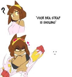 1girls ? absurdres animal_ears banjabu bra breasts brown_hair cat_ears cat_girl dark-skinned_female dark_skin english_text furry furry_female gameoverse gauntlets goggles goggles_on_head highres kit_(gameoverse) kit_bodega looking_at_viewer meme off_shoulder red_eyes short_hair tearing_clothes torn_clothes underwear whiskers yellow_gauntlets