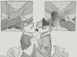 anthro arm_tuft artist_name beanie biped blush blush_lines boxer_briefs breath bulge bulge_frottage canid canine clothing duo elbow_tuft erection eyes_closed foreskin frottage frottage_through_clothing genitals greyscale hand_holding hat headgear headwear hi_res humanoid_genitalia humanoid_penis inner_ear_fluff littlearrowdog male male/male male_anthro mammal monochrome motion_lines neck_tuft nose_to_nose open_mouth penile penis penises_touching retracted_foreskin sequence sex shirt side_view simple_background standing sweater t-shirt tail tail_motion tailwag text topwear tuft underwear unretracted_foreskin vein veiny_penis