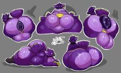 absurd_res anthro anus avian balls beak belly big_anus big_balls big_butt bird bodily_fluids butt chastity_cage chastity_device corvid corvus_(genus) crow feathers gen_(natronus) genital_fluids genitals hi_res huge_anus huge_balls huge_butt hyper hyper_anus hyper_balls hyper_butt hyper_genitalia male oscine passerine precum puffy_anus purple_body purple_feathers ridge_(artist) slightly_chubby solo sweat