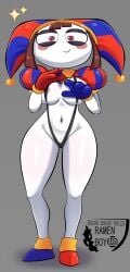 brown_hair curvy exposed_breasts exposed_pussy gloves jester_hat looking_at_viewer micro_bikini multicolored_eyes pomni_(the_amazing_digital_circus) pussy ramenboy17 short_hair showing_breasts solo_female the_amazing_digital_circus thick_thighs white_skin
