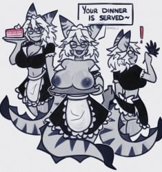 ass_visible belly_button boobs_on_tray boobs_out breasts breasts_on_tray breasts_out cake female genderswap_(mtf) hot maid maid_uniform roblox roblox_avatar robloxian skirt_lift skirt_lifted_by_another surprised_face tiger_shark