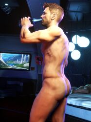 1boy 3d 3d_(artwork) abs ass ass_focus bioware bottle drinking drinking_from_bottle fully_naked fully_nude gil_brodie ginger ginger_hair male male_male_only male_only mass_effect mass_effect_andromeda naked profile_view solo solo_focus solo_male tagme tagme_(artist) tan tan_body tan_skin