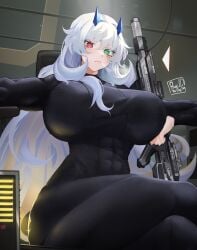 abs arms_rest barghest_(gawain)_(fate) black_bodysuit bodysuit crossed_legs fate fate/grand_order firearm gigantic_breasts machine_gun muscular_female skin_tight