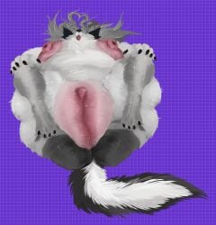 2026 anthro areola big_areola big_nipples breasts circle female food fruit genitals hi_res huge_areola hyper hyper_genitalia hyper_vulva juicy_(juicyghost) lying nipples on_back plaksapisya plant plump_labia purple_background simple_background solo swollen vulva