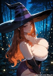 1girl ai_assisted ai_generated artist_name bare_shoulders breasts brown_eyes brown_hair cleavage curvaceous curvy curvy_female curvy_figure detached_sleeves dragon's_crown dress elbow_gloves female gloves hat huge_breasts long_hair looking_at_viewer miyuai night side_slit smile solo sorceress_(dragon's_crown) staff strapless strapless_dress thick thick_ass thick_butt thick_hips thick_legs thick_thighs thighs tree voluptuous voluptuous_female wide_hips wide_thighs witch_hat