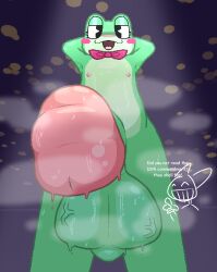amphibian anthro balls big_penis blush bodily_fluids bow_tie english_text frog genitals glitch_productions gynomorph hi_res huge_penis humanoid hyper hyper_genitalia hyper_penis intersex jax_(tadc) looking_at_viewer looking_down looking_down_at_viewer male musk musky_balls musky_penis penis ribbit_(tadc) rudyz saggy_balls solo sweat sweaty_balls sweaty_genitalia sweaty_penis text the_amazing_digital_circus vein veiny_balls