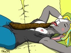 anthro areola blonde_hair blue_hair blush breasts bulge butt chloe_(snickle) clothed clothing eyes_closed feces feces_on_body feces_on_chest feces_pile fur fur_markings gloves_(marking) grey_body grey_fur gynomorph hair hands_behind_head intersex lagomorph leporid licking_feces long_ears long_hair lying lying_on_ground mammal markings medium_breasts nipples on_back on_ground open_clothing open_mouth open_topwear rabbit scatplay signature snickle solo teeth tongue tongue_out topwear white_body white_fur