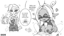 1boy 1girls english_dialogue english_text frye_(splatoon_raiders) glengrantsquid mechanic_(splatoon_raiders) paizuri splatoon