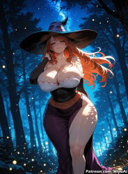 1girl ai_assisted ai_generated artist_name bare_shoulders breasts cleavage curvaceous curvy curvy_female curvy_figure detached_sleeves dragon's_crown dress female forest hat huge_breasts long_hair looking_at_viewer miyuai nature night outdoors side_slit smile solo sorceress_(dragon's_crown) strapless strapless_dress thick thick_ass thick_butt thick_hips thick_legs thick_thighs thighs tree voluptuous voluptuous_female wide_hips wide_thighs witch_hat