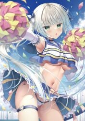 1girl absurdres armpits bare_shoulders black_choker blush breasts cheering cheerleader choker clothes_lift confetti crop_top crop_top_overhang elbow_gloves gloves green_eyes grey_hair highres holding holding_pom_poms large_breasts long_hair looking_at_viewer midriff miniskirt navel no_bra open_mouth original outdoors outstretched_arm panties pantyshot pleated_skirt pom_pom_(cheerleading) shirt side-tie_panties skirt skirt_lift sleeveless sleeveless_shirt stomach takano_yuki thigh_strap thighs twintails underboob underwear very_long_hair white_hair white_panties white_skirt wind wind_lift