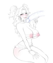 bleach earrings huge_breasts huge_cock imminent_oral legoman looking_at_viewer rangiku_matsumoto smiling touching_penis tubetop