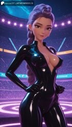 ai_generated aiuniverse56 black_bodysuit bodysuit braid brown_eyes bubble_butt cameltoe cleavage covered_navel covered_nipples earrings glutes huntrix kpop_demon_hunters latex latex_bodysuit latex_clothing latex_suit medium_breasts midriff nipple_bulge plump purple_hair rumi_(kpop_demon_hunters) single_braid stable_diffusion thick_legs wide_hips