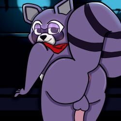 1:1 anthro anus balls big_tail bottomless butt clothed clothing control_room dark digital_drawing_(artwork) digital_media_(artwork) erection exdyw eye_contact fur genitals hi_res indigo_park inside kerchief leaning leaning_on_object looking_at_another looking_at_viewer looking_back male mammal markings neon_lights nude penis procyonid purple_body purple_fur raccoon rambley_raccoon rear_view scarf shaded smile smirk solo standing striped_markings striped_tail stripes tail tail_markings toony