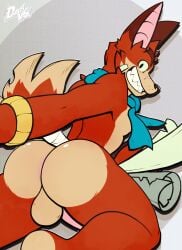 anthro balls butt canid canine cheek_tuft dustythebat erection facial_scar facial_tuft flitt_(rotwood) fox fur genitals grin half-closed_eyes hi_res humanoid_genitalia humanoid_penis kerchief klei_entertainment male mammal narrowed_eyes neckerchief neckwear orange_body orange_fur penis rotwood scar smile snout snout_scar solo tan_body tan_fur tuft