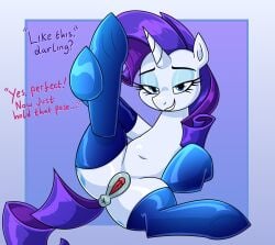 animal_genitalia animal_vulva anus bedroom_eyes blue_eyes clothed clothed_feral clothing cutie_mark dialogue english_text equid equine equine_anus equine_genitalia equine_vulva eyeshadow female feral friendship_is_magic genitals grin hair hasbro hi_res horn legwear long_hair makeup mammal moonatik my_little_pony mythological_creature mythological_equine mythology narrowed_eyes navel purple_hair purple_tail quadruped rarity_(mlp) seductive smile solo spread_legs spreading stockings tail talking_feral text thigh_highs unicorn unicorn_horn vulva white_body