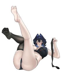 absurdres black_pantyhose blue_hair blue_nails bra breasts grey_eyes hair_between_eyes hair_intakes highres lace-trimmed_bra lace_trim large_breasts nail_polish open_mouth pantyhose short_hair stomach sweat thighhighs thighs transparent_background underwear warship_girls_r