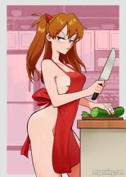 asuka_langley_sohryu female green_eyes kitchen_knife mrpenning naked_apron neon_genesis_evangelion red_hair solo