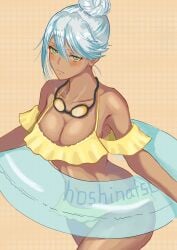 bikini blushing blushing_at_viewer blushing_female chilean chilean_female cute cute_expression dark-skinned_female floatie goggles_around_neck green_eyes hoshinatsue isla_(kof) king_of_fighters kof latina latina_female looking_at_viewer silver_hair swimsuit teal_hair tsundere two-tone_hair yellow_bikini