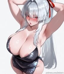 1girl ai_generated areola_slip armpits arms_behind_head arms_up bangs bare_shoulders black_dress blush breasts cleavage collarbone curvy dress grey_hair hair_intakes hair_ribbon halter_dress hiyuki_(wuthering_waves) huge_breasts large_breasts long_hair looking_at_viewer mopen_mouth ponytail red_eyes red_ribbon ribbon sakaro sidelocks simple_background solo sweat thick_thighs thighs very_long_hair white_background white_hair wuthering_waves