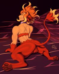 anthro anus blonde_hair claws collar fairy falcom felid female forehead_mark fur genitals hair hi_res horn insect_wings jue lion mammal markings muscular orange_body orange_eyes orange_hair orange_skin pantherine pawpads paws pupils red_body red_fur sacrificabominat slit_pupils solo tattoo vulva wings ys