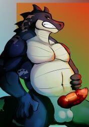 absurd_res anthro biped crocodile crocodilian erection genitals hi_res inffox knot knotted_penis male male_anthro musclegut muscular overweight penis reptile scalie solo standing