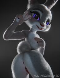 3d_(artwork) afterbark3d anthro anus biped braces breasts covering covering_breasts digital_media_(artwork) disney female female_anthro fur genitals gesture grey_body grey_fur hand_gesture hi_res humanoid_genitalia humanoid_vulva judy_hopps lagomorph leporid lips looking_at_viewer looking_back looking_back_at_viewer mammal pink_lips pink_nose purple_eyes rabbit rear_view smile smiling_at_viewer solo standing tongue tongue_out v_sign vulva white_body white_fur zootopia