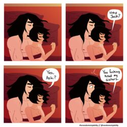 ashi_(samurai_jack) awkward canon_couple daughters_of_aku dialogue female funny hero hugging hugging_from_behind in_bed male naked pillow pillows red_background samurai samurai_jack samurai_jack_(character) straight therandomninjakitty villainess